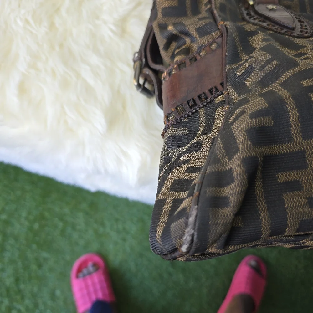 FENDI Zucca Etnico Handbag Tote Bag Nylon Canvas Leather Khaki Dark Brown - Picture 15 of 16